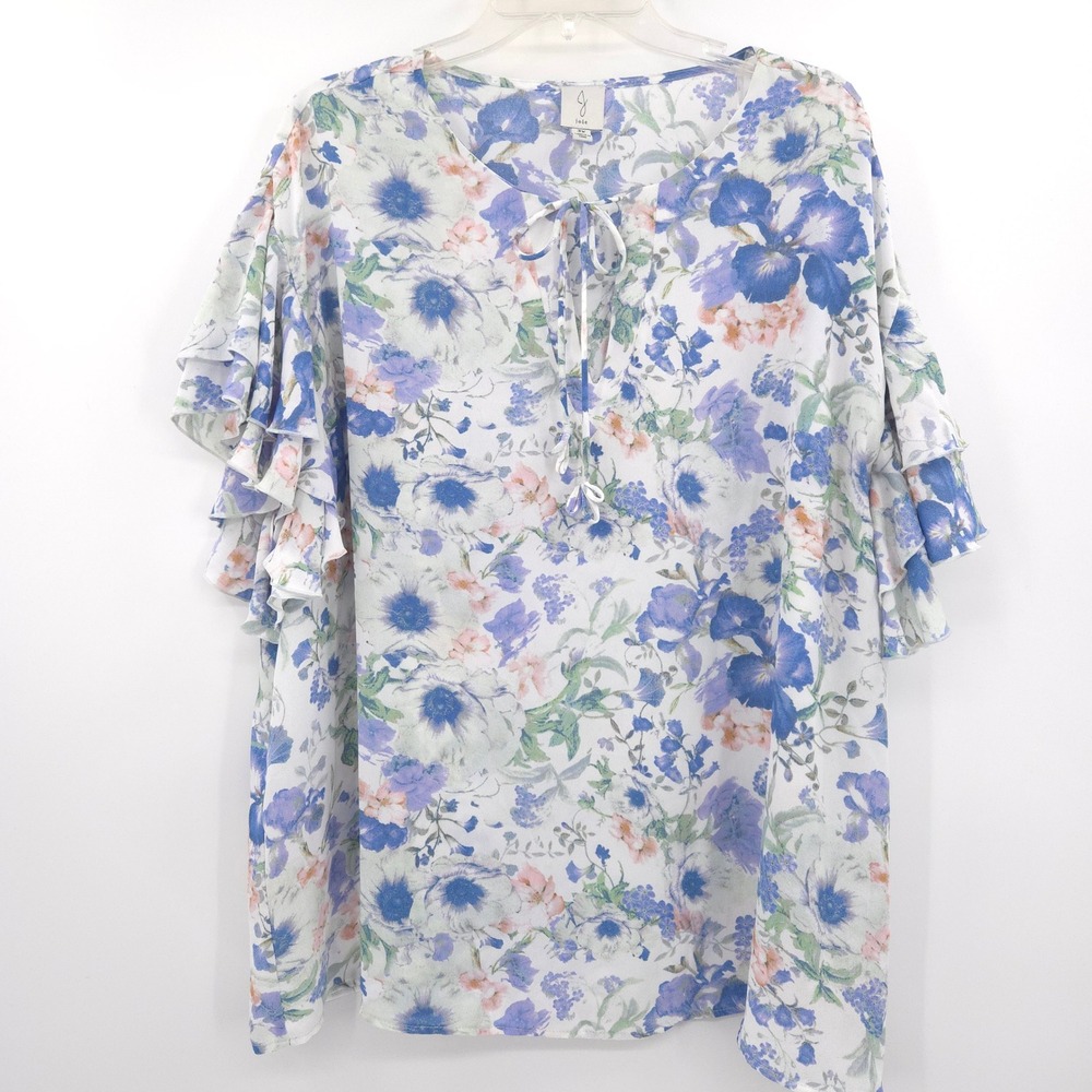 Joie Floral Ruffle Sleeve Blouse Women 3X Blue Purple Tie Neck Flutter Top